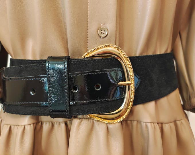 80's Vintage Wide Black Real Leather Belt With Golden Metal Buckle by Sunbelt