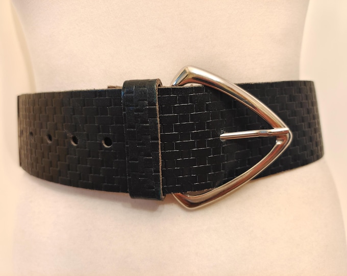80's Vintage Wide Black Real Leather Belt With Silver Metal Buckle