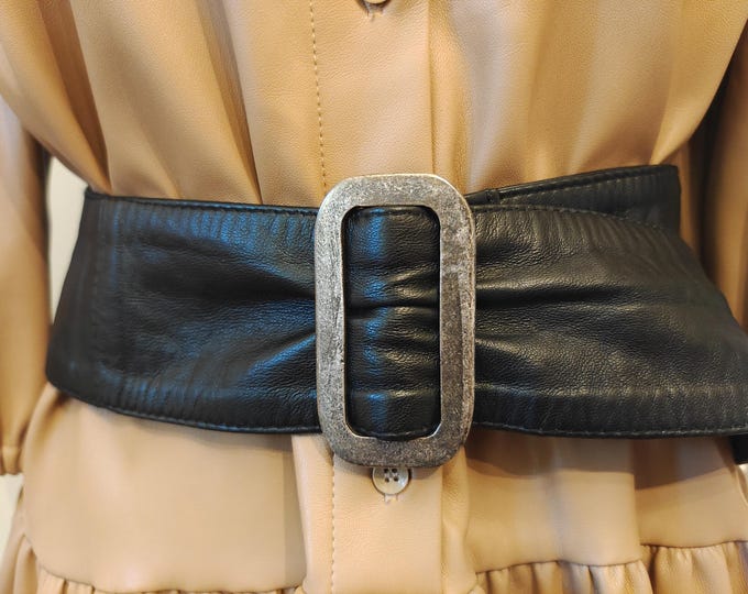 90's Vintage Wide Black Real Leather Belt