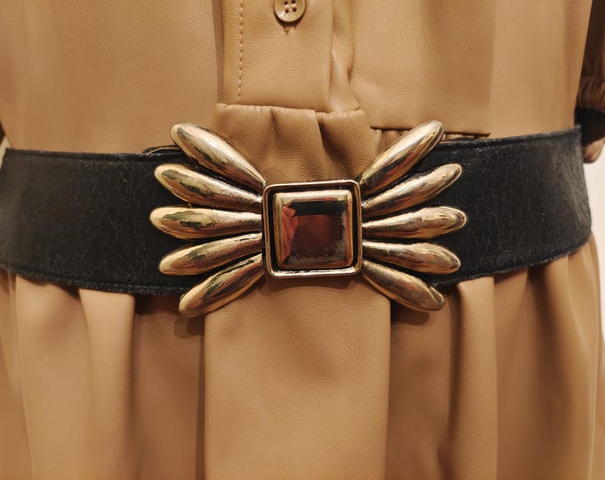 80's Black Real Leather Belt With Golden Metal Buckle by Rubinette