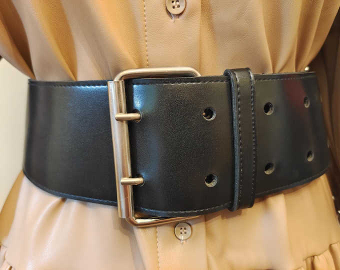 90's Vintage Wide Black Faux Leather Double Prong Belt Made in France