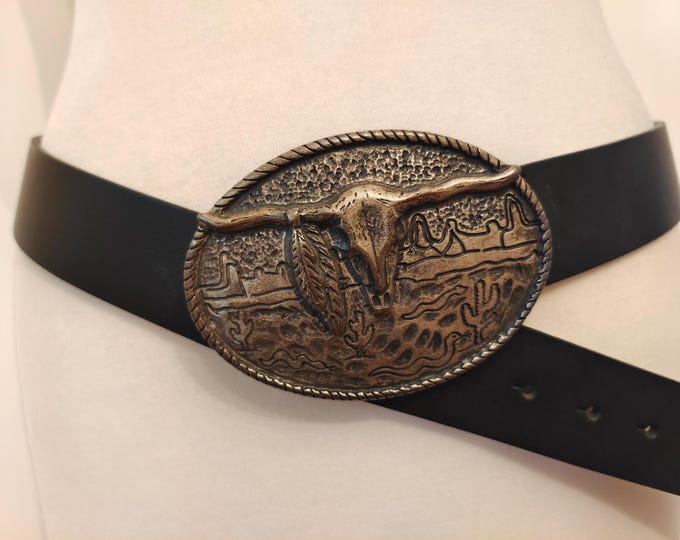 90's Vintage Black Real Leather Belt With Big Metal Buckle by Americanos