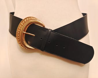 Wide Black Faux Leather Vintage 80's Belt With Golden Buckle