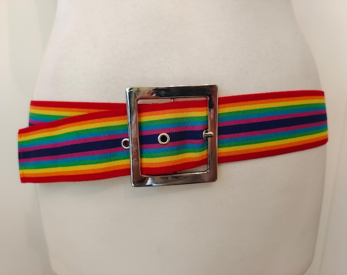 Rainbow Elastic Fabric Belt With Silver Metal Buckle