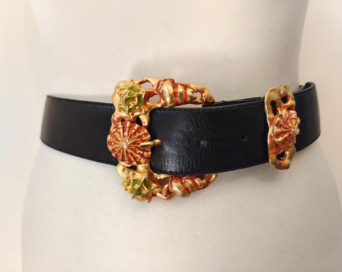 80's Vintage Black Faux Leather Belt With Golden Buckle