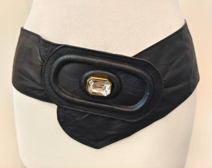 Extra Wide Black Real Leather Belt With Gems Buckle Made in Italy