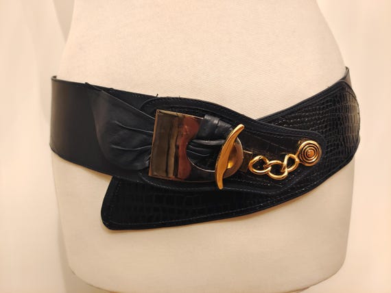 80's Vintage Wide Dark Blue Real Leather Belt With Metal Buckle - Etsy
