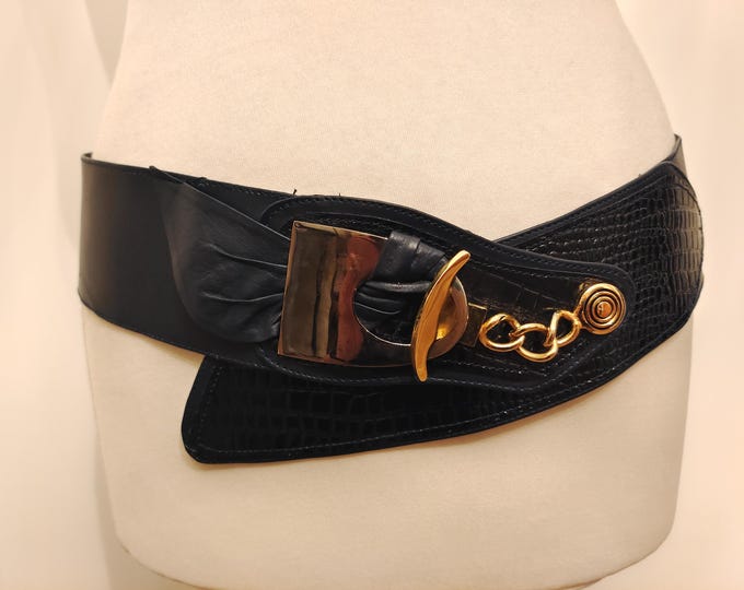 80's Vintage Wide Dark Blue Real Leather Belt With Metal Buckle