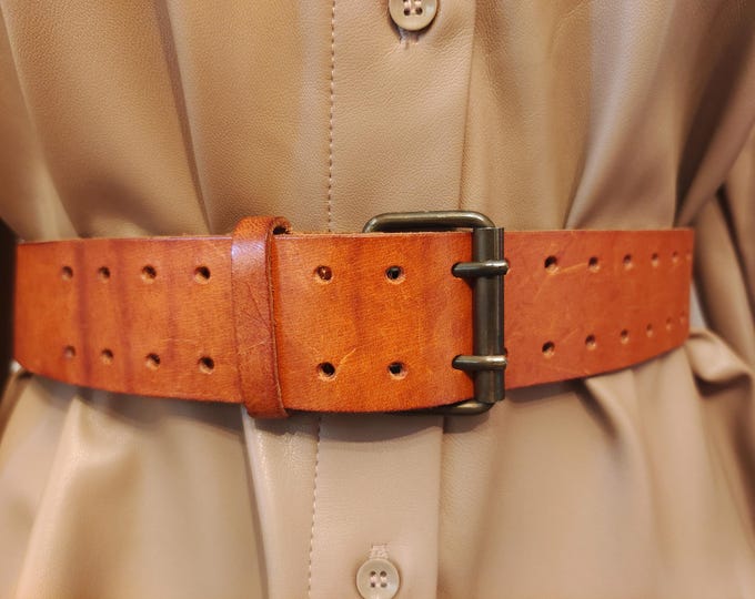 90's Vintage Brown Real Leather Double Prong Belt by Vitella