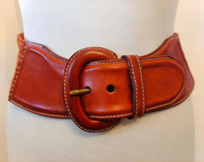 Wide Cognac Real Leather & Fabric Belt by Sisley Made in Italy