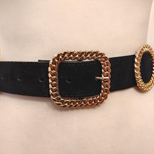 80&#39;s Vintage Black Real Leather Belt With Golden Metal Elements