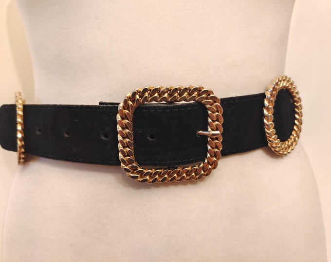 80's Vintage Black Real Leather Belt With Golden Metal Elements
