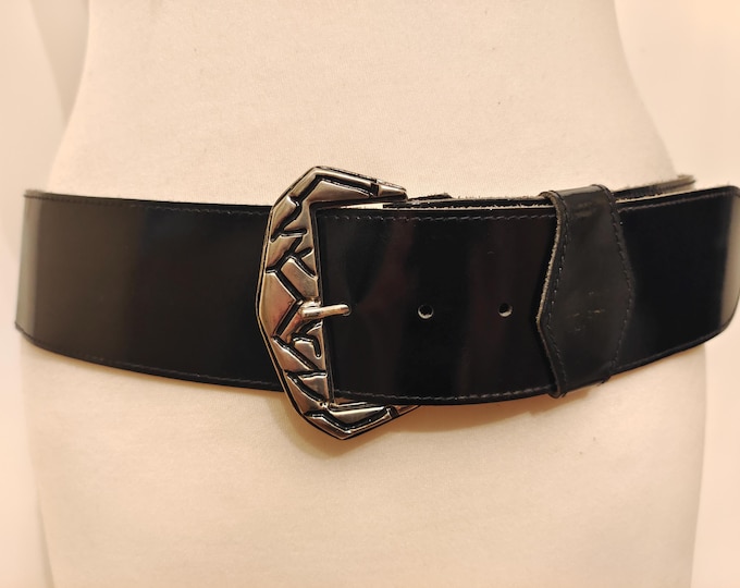 90's Vintage Wide Black Real Leather Patent Belt