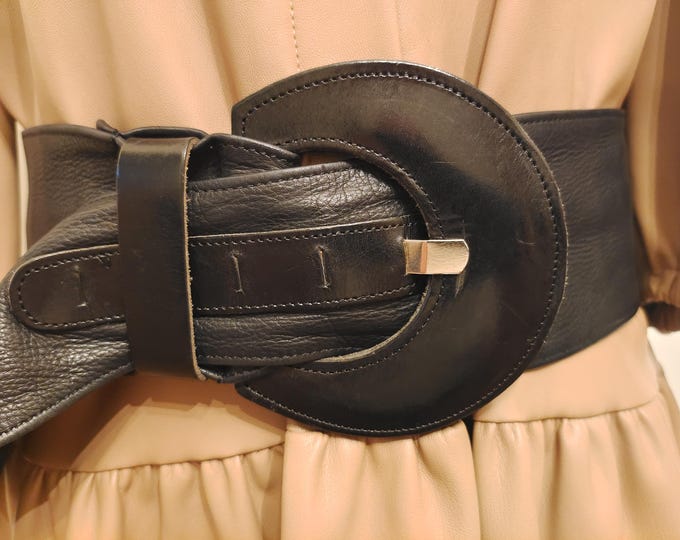 90's Vintage Extra Wide Black Real Leather Belt