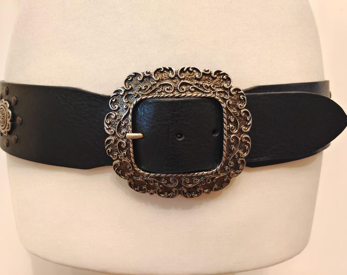Wide Black Real Leather Studded Belt by 4Knits Made in Italy