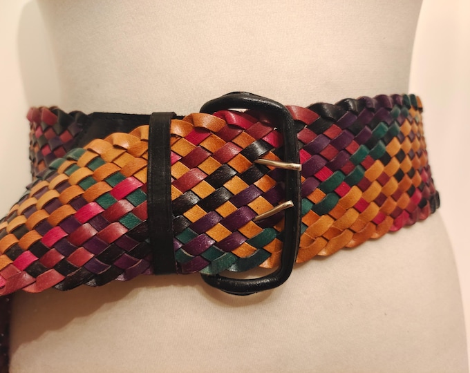 80's Vintage Wide Real Leather Woven Adjustable Double Prong Belt
