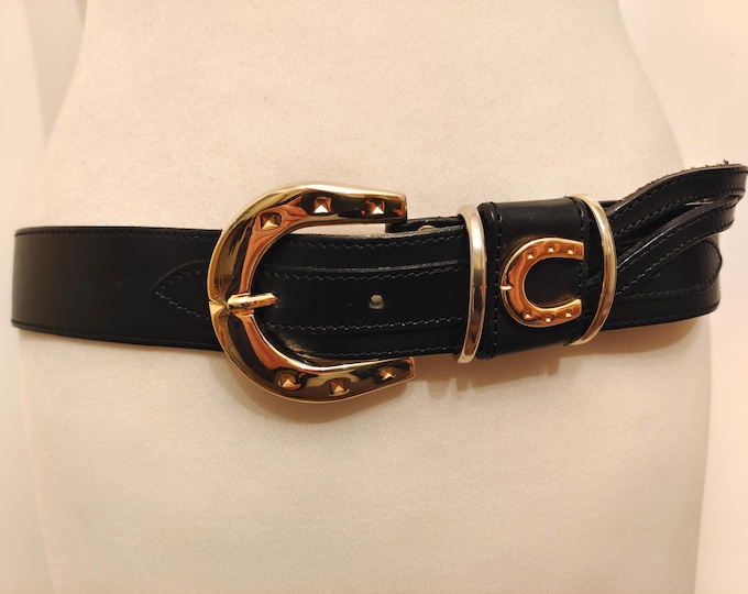 80s Vintage Black Leather Belt, Golden Buckle, Made in West Germany