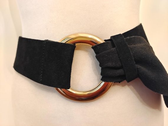 Wide Black Suede Belt: Adjustable Golden Buckle, Made in  display picture 1