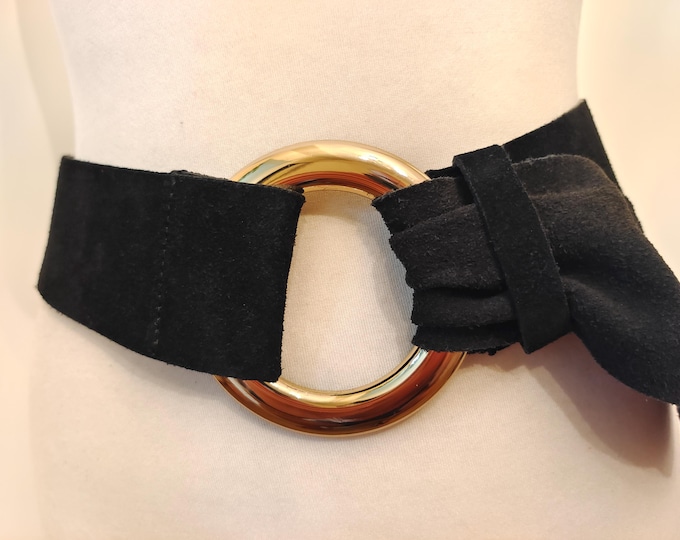 Wide Black Real Suede Adjustable Belt With Golden Metal Buckle by Mango Made in Spain