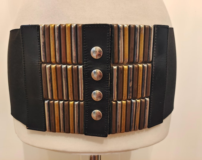 80's Vintage Extra Wide Black Fabric, Leather & Metal Elastic Belt