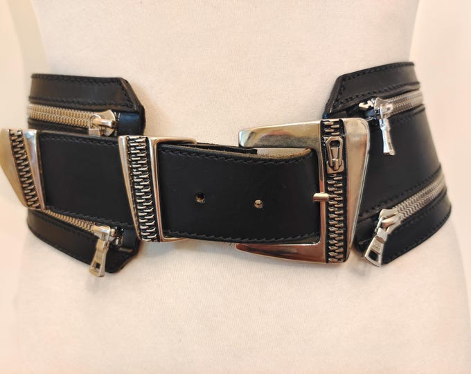 90's Vintage Wide Black Real Leather ZIP Belt