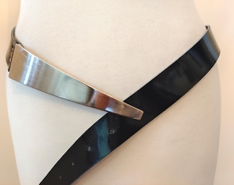 Vintage Extra Long Black Faux Leather Belt With Big Silver Metal Buckle