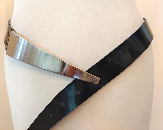 Vintage Extra Long Black Faux Leather Belt With Big Silver Metal Buckle