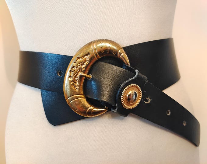 90's Vintage Wide Black Real Leather Belt With Golden Metal Buckle