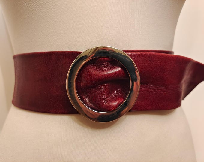 Wide Dark Red Real Leather Adjustable Belt With Silver Metal Buckle by Solar
