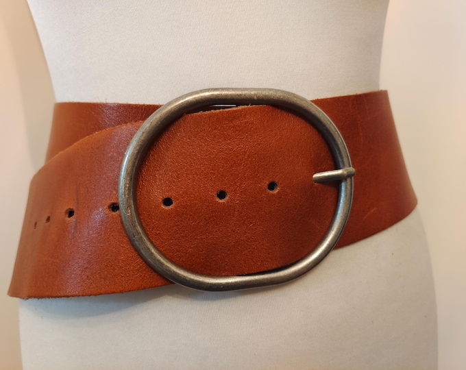Extra Wide Brown Real Leather Belt With Silver Metal Buckle