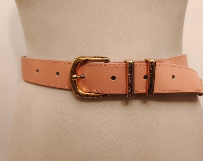 Real Vintage 80's Salmon Pink Leather Belt With Golden Buckle