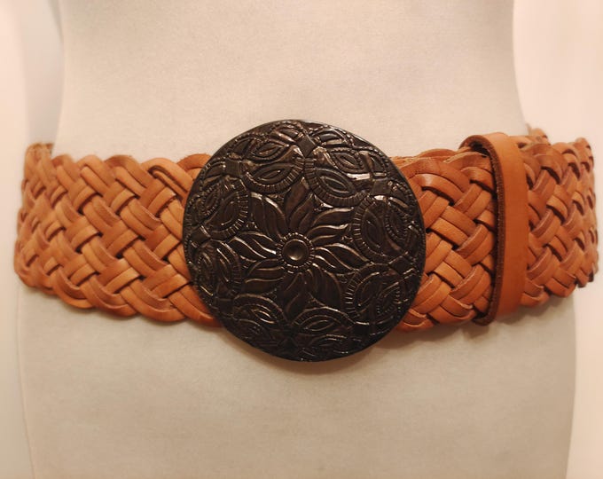 Extra Long Wide Brown Real Leather Adjustable Belt With Round Metal Buckle by Richard Gampel Made in France