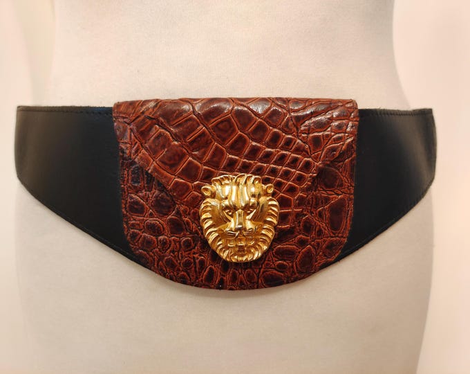 80's Vintage Wide Brown & Black Real Leather Belt With Pocket
