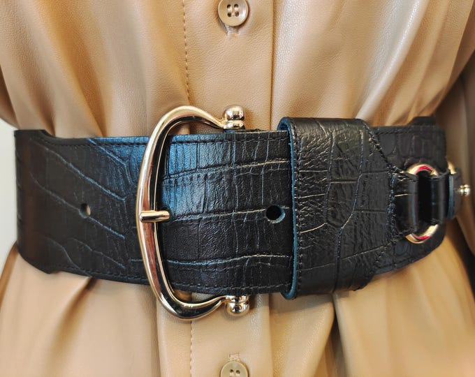 Wide Black Real Leather Belt With Golden Metal Buckle by Zara Made in Spain