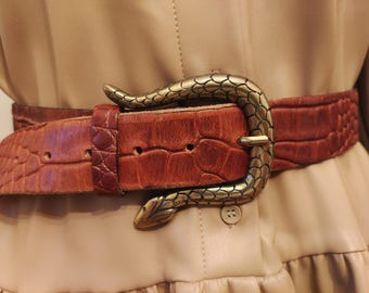 Brown Real Leather Belt With Metal Snake Buckle Hand Made in Italy