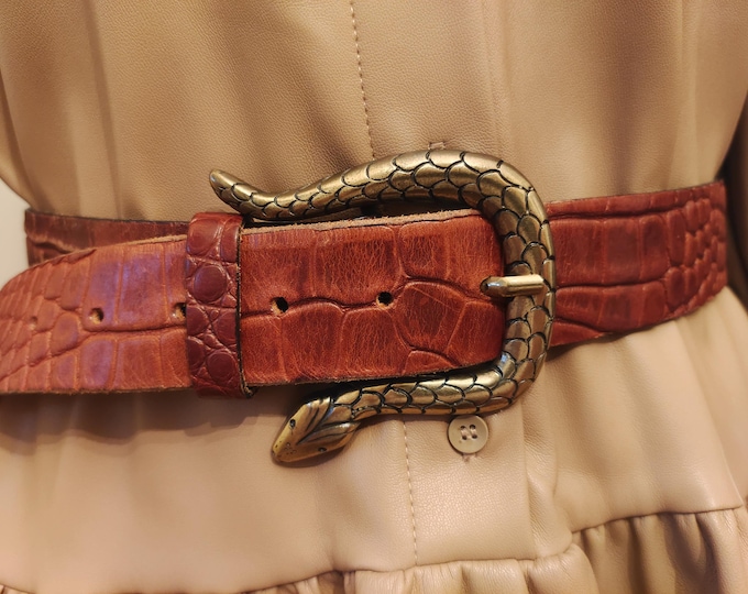 Brown Real Leather Belt With Metal Snake Buckle Hand Made in Italy
