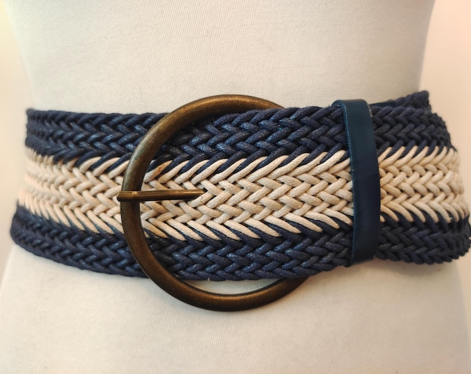 Wide Beige & Blue Woven Adjustable Belt