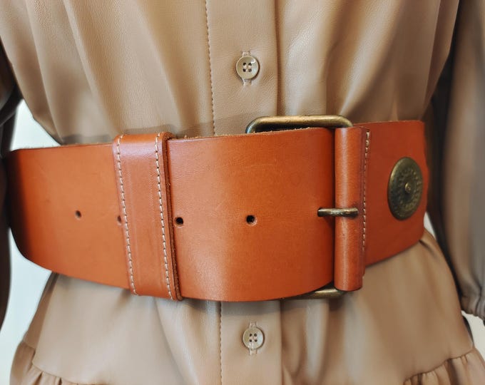 Wide Brown Real Leather Belt With Metal Elements