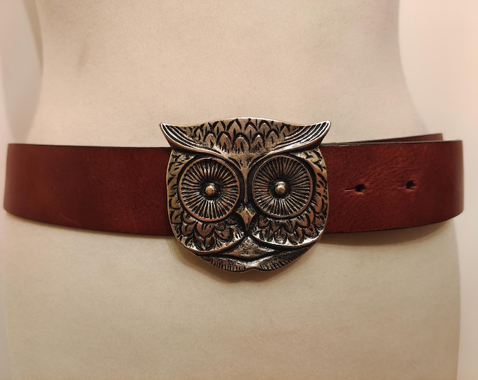Brown Real Leather Belt With Silver Metal Owl Buckle by Mexx Made in Italy