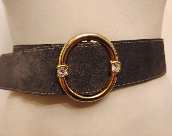 80's Vintage Real Leather Grey Adjustable Belt With Golden Metal Buckle