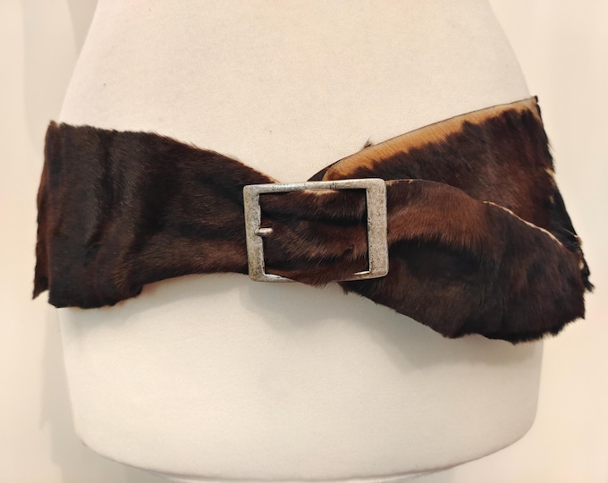 Extra Wide Brown Real Leather Fur Belt With Silver Metal Buckle