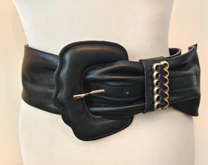 Extra Wide Black Real Leather 90's Vintage Belt