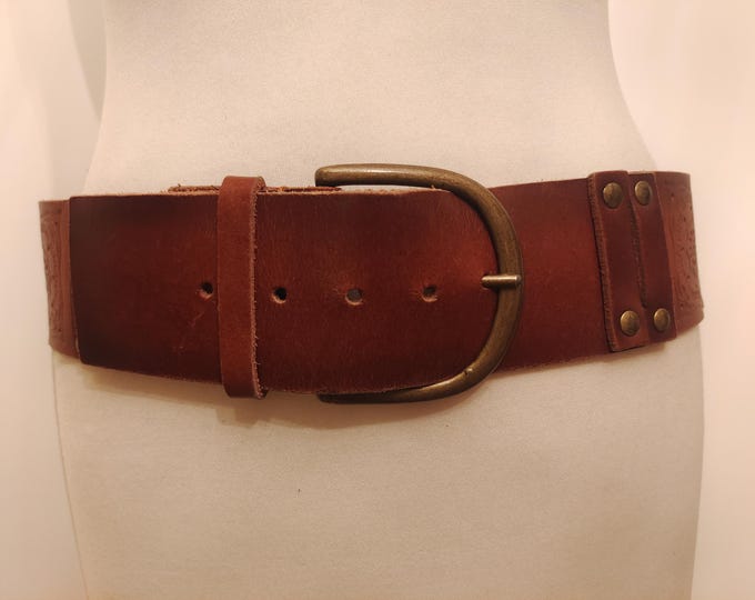 Wide Brown Real Leather Belt With Metal Elements by Lysgaard