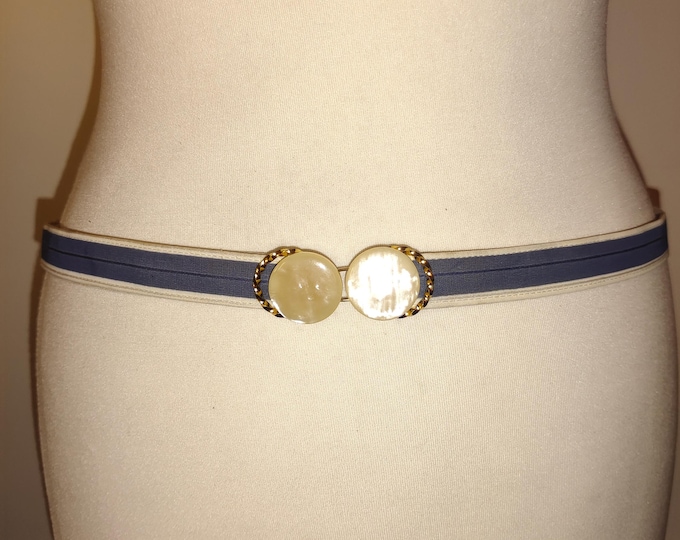 Real Vintage 70's Fabric Blue Belt With Enamel Perl Golden Buckle