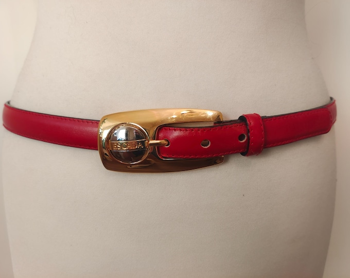90's Vintage Red Real Leather Belt With Golden Metal Buckle By ESCADA Made in Germany