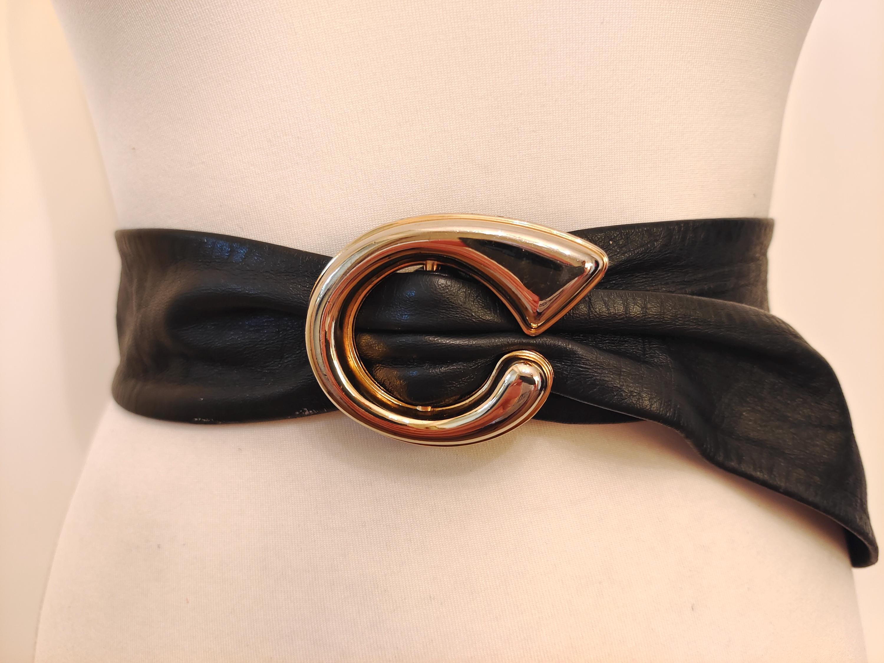 Wide Black Real Leather Vintage 80's Adjustable Belt by Debenhams