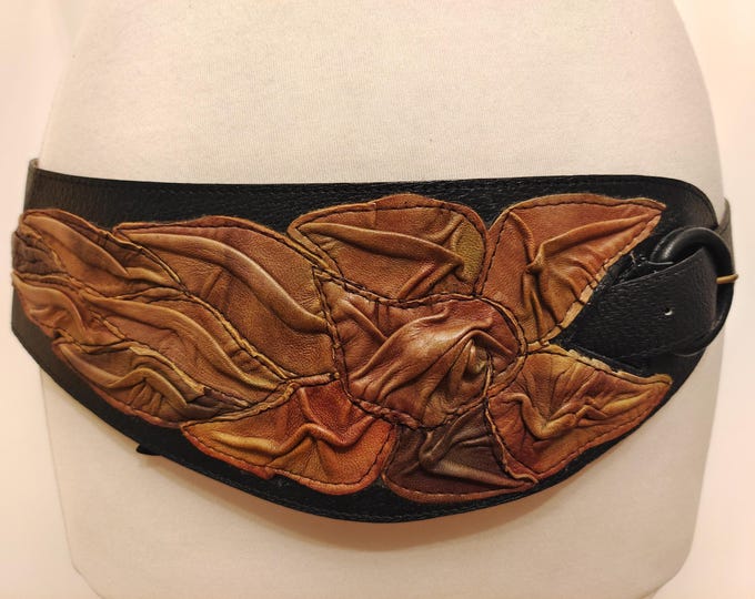 90's Vintage Wide Black Real Leather Hand Made Belt