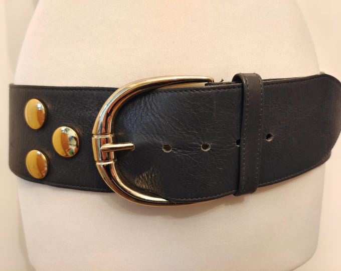 90's Vintage Wide Dark Grey Real Leather Belt With Golden Metal Elements by Adolf