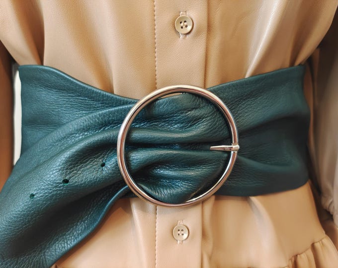 Extra Wide Dark Green Real Leather Belt by ZARA