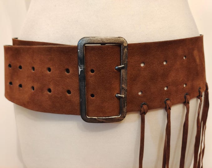 90's Vintage Wide Brown Faux Suede Leather Boho Belt